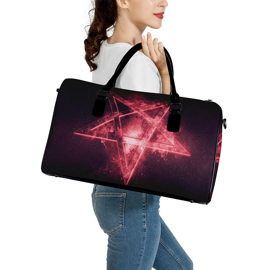 Fiery Reversed Pentagram Print Leather Duffle Bag