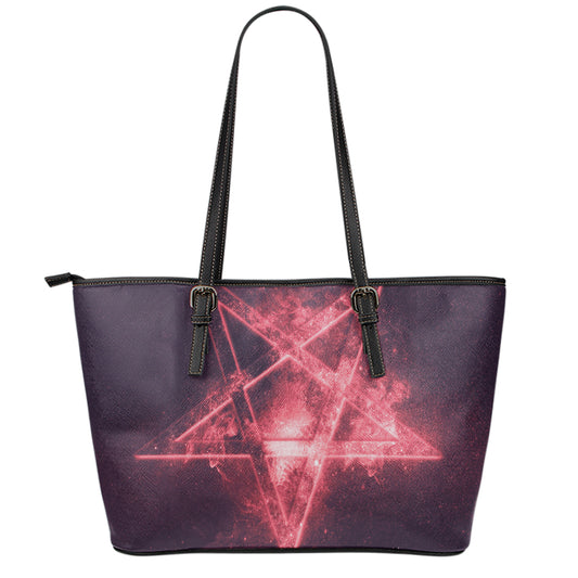 Fiery Reversed Pentagram Print Leather Tote Bag