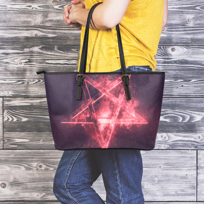 Fiery Reversed Pentagram Print Leather Tote Bag