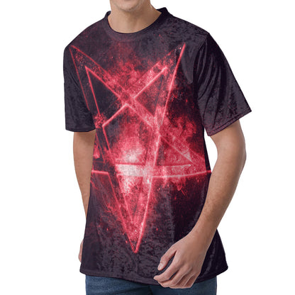 Fiery Reversed Pentagram Print Men's Velvet T-Shirt