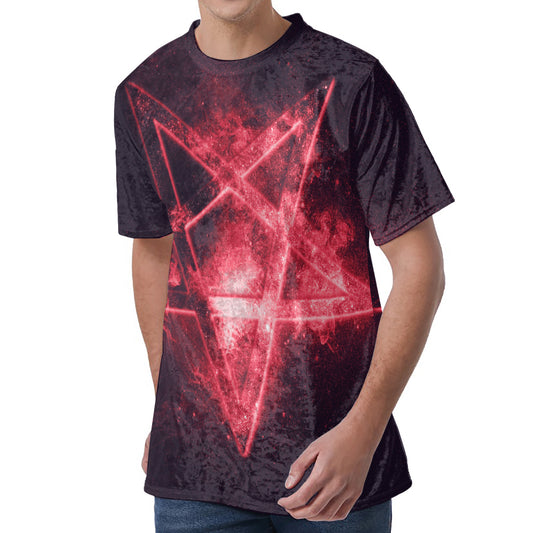 Fiery Reversed Pentagram Print Men's Velvet T-Shirt