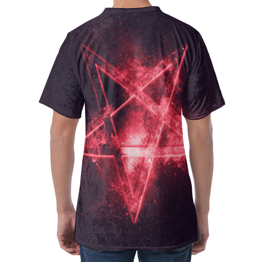 Fiery Reversed Pentagram Print Men's Velvet T-Shirt