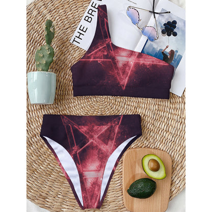 Fiery Reversed Pentagram Print One Shoulder Bikini Top