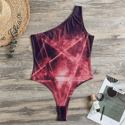 Fiery Reversed Pentagram Print One Shoulder Bodysuit