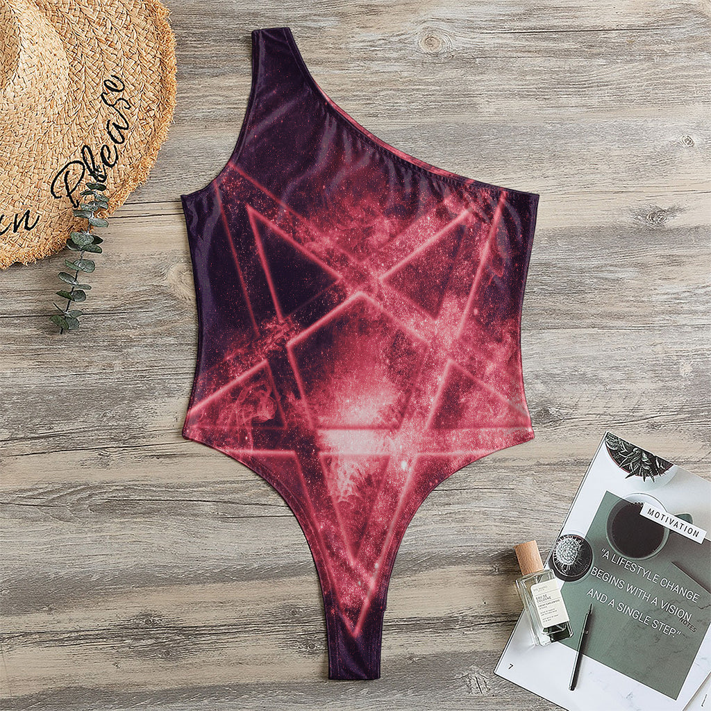 Fiery Reversed Pentagram Print One Shoulder Bodysuit
