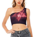 Fiery Reversed Pentagram Print One Shoulder Crop Top