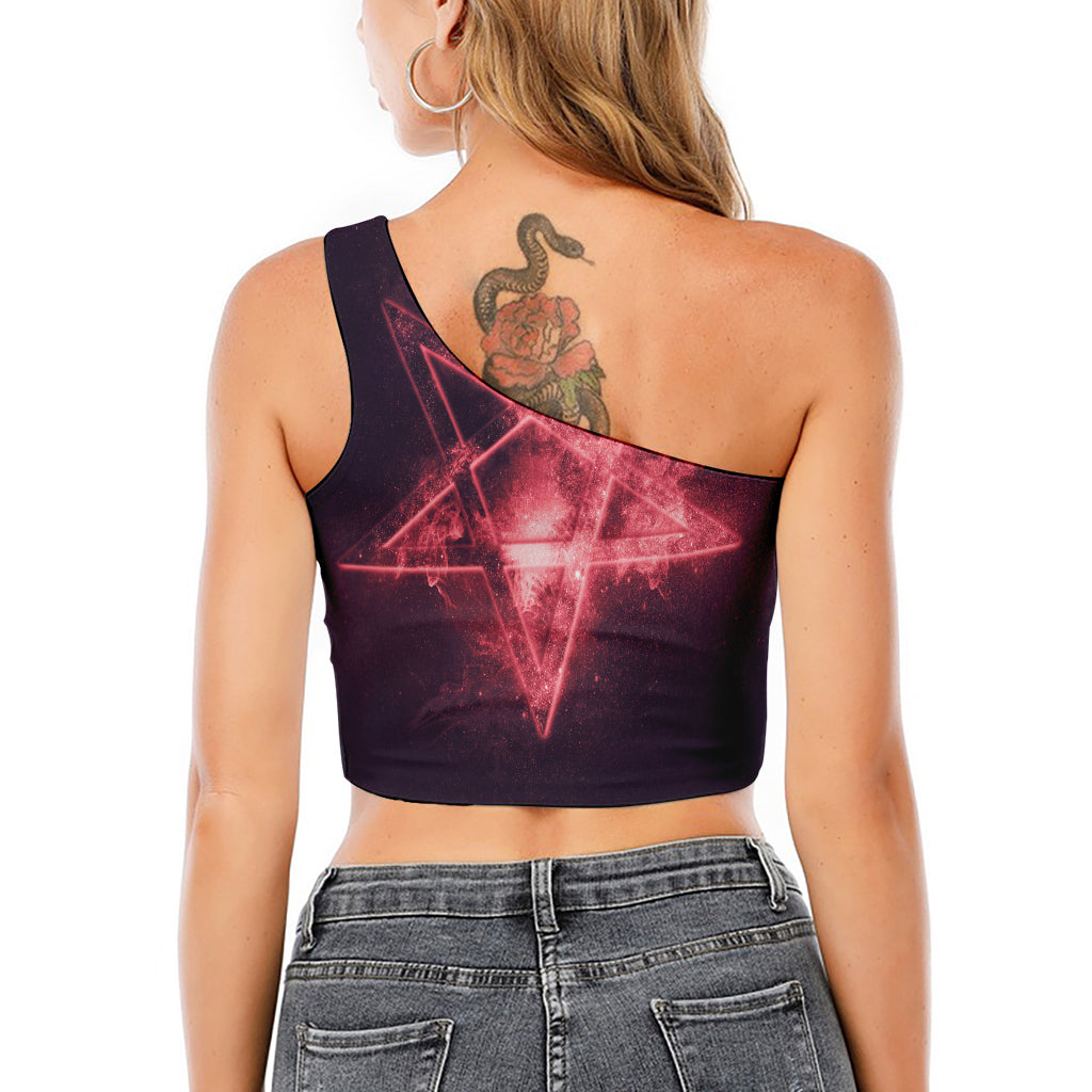 Fiery Reversed Pentagram Print One Shoulder Crop Top
