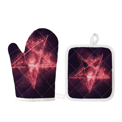 Fiery Reversed Pentagram Print Oven Mitt And Pot Holder Set