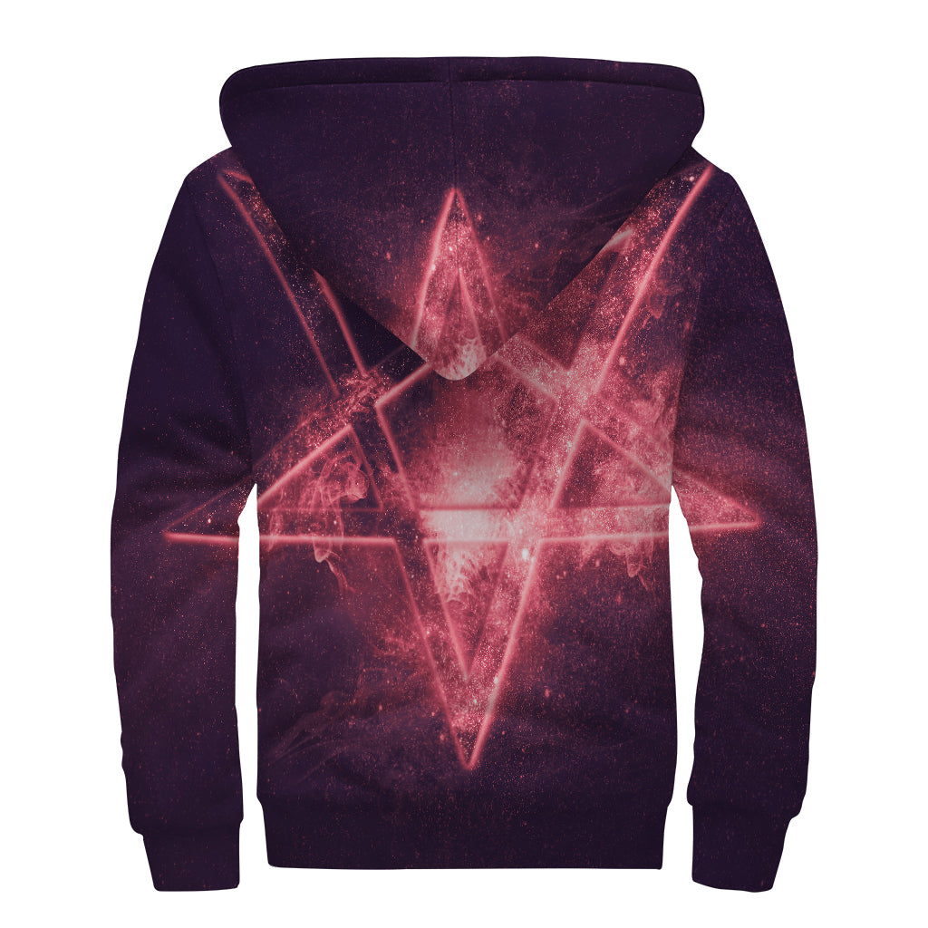 Fiery Reversed Pentagram Print Sherpa Lined Zip Up Hoodie