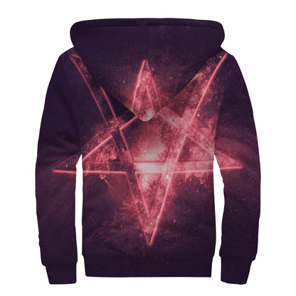 Fiery Reversed Pentagram Print Sherpa Lined Zip Up Hoodie