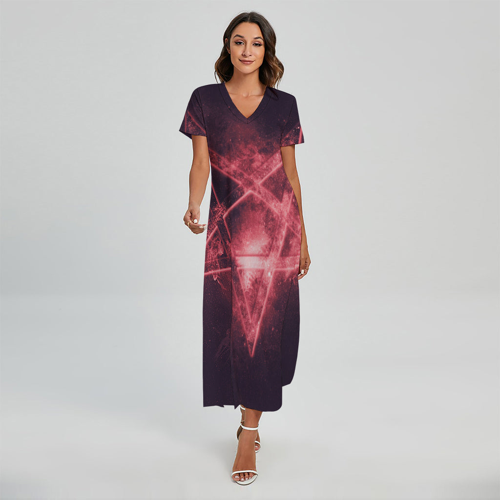 Fiery Reversed Pentagram Print Short Sleeve Maxi Dress