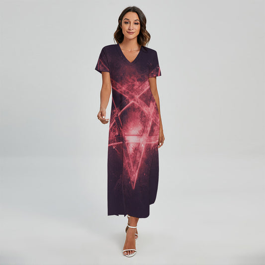 Fiery Reversed Pentagram Print Short Sleeve Maxi Dress