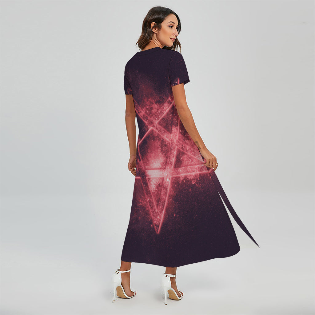 Fiery Reversed Pentagram Print Short Sleeve Maxi Dress