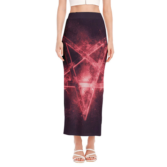 Fiery Reversed Pentagram Print Side Slit Maxi Skirt