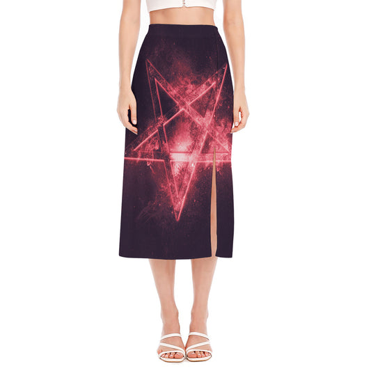 Fiery Reversed Pentagram Print Side Slit Midi Skirt