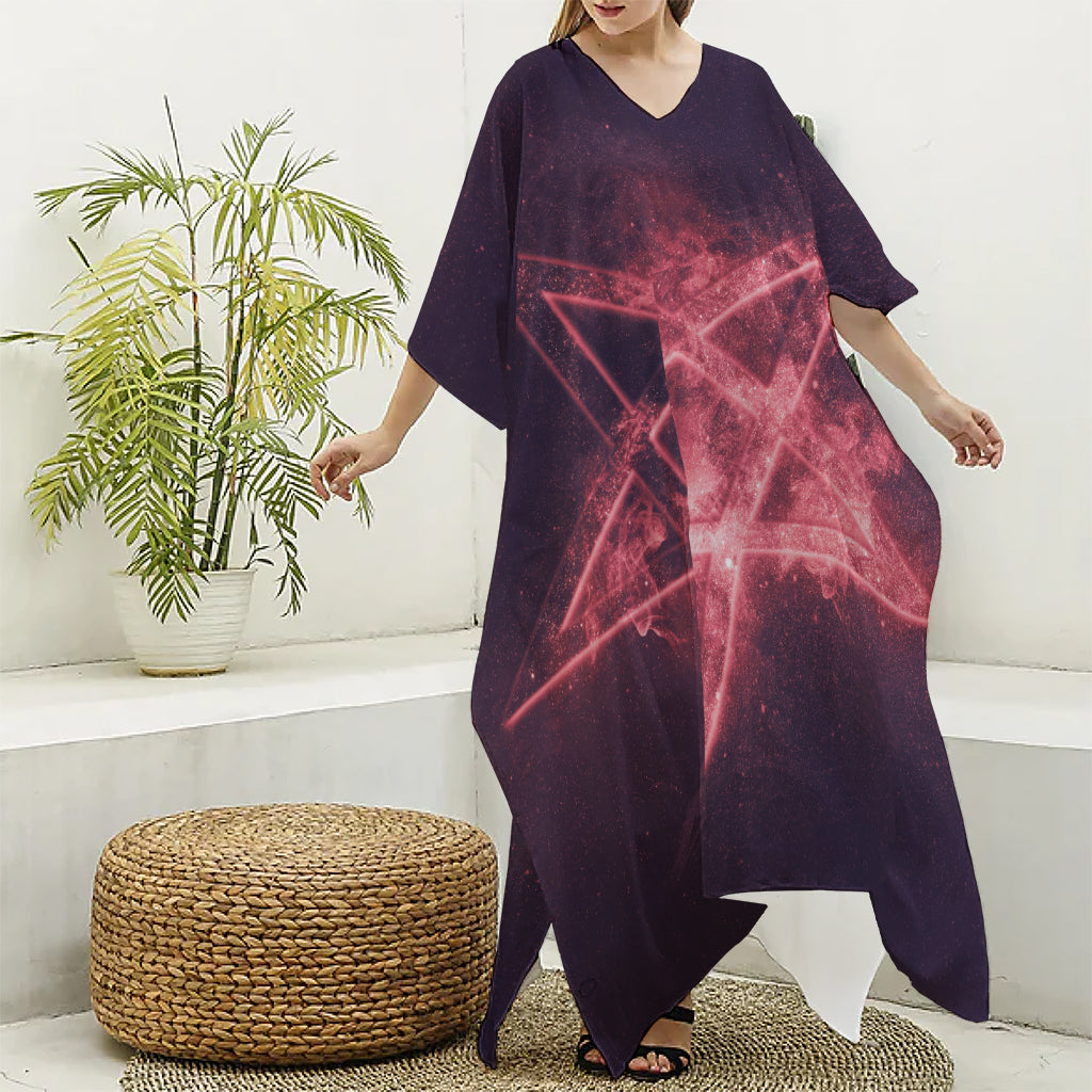 Fiery Reversed Pentagram Print Silk V-Neck Kaftan Dress
