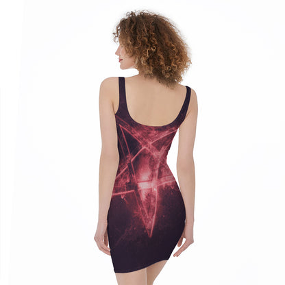 Fiery Reversed Pentagram Print Sleeveless Bodycon Dress