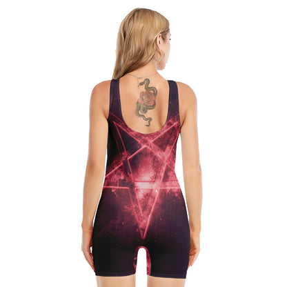 Fiery Reversed Pentagram Print Sleeveless One Piece Swimsuit