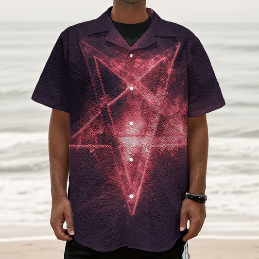 Fiery Reversed Pentagram Print Textured Short Sleeve Shirt