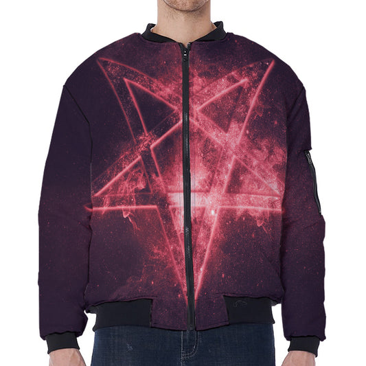 Fiery Reversed Pentagram Print Zip Sleeve Bomber Jacket