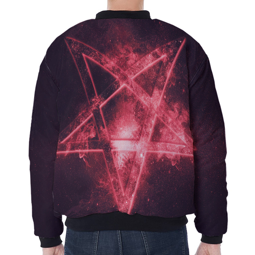 Fiery Reversed Pentagram Print Zip Sleeve Bomber Jacket