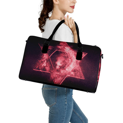Fiery Star of David Print Leather Duffle Bag