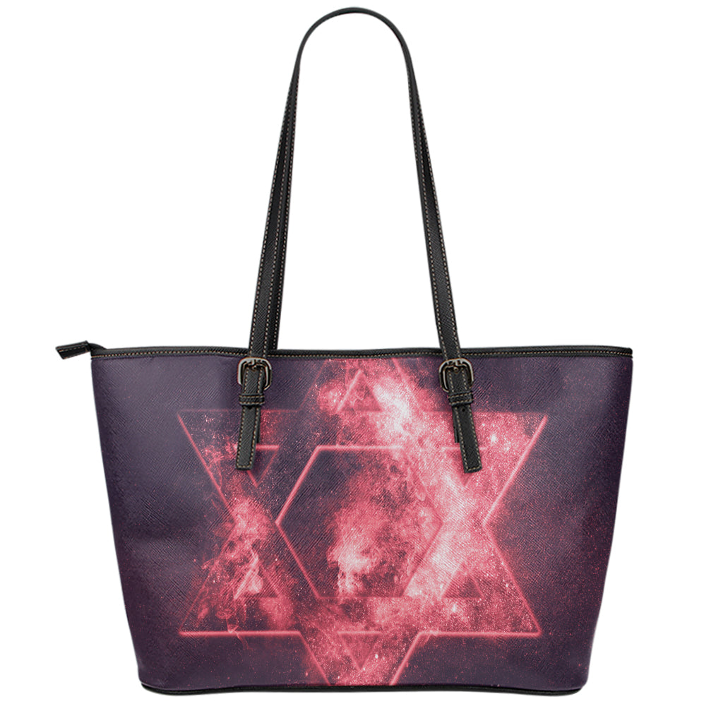 Fiery Star of David Print Leather Tote Bag