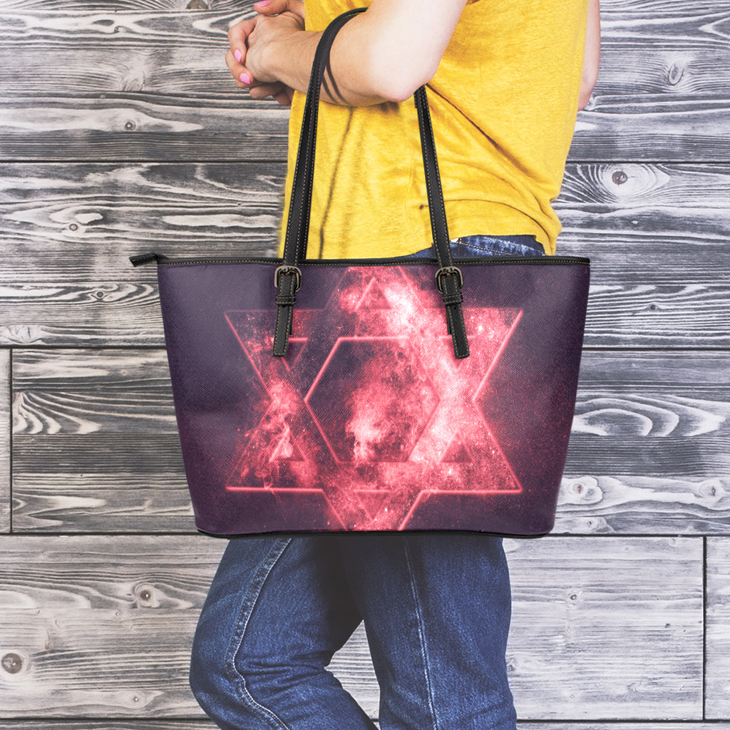 Fiery Star of David Print Leather Tote Bag
