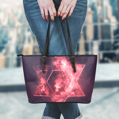 Fiery Star of David Print Leather Tote Bag