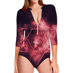 Fiery Star of David Print Long Sleeve Swimsuit