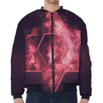 Fiery Star of David Print Zip Sleeve Bomber Jacket