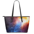 Fiery Universe Nebula Galaxy Space Print Leather Tote Bag With Zipper