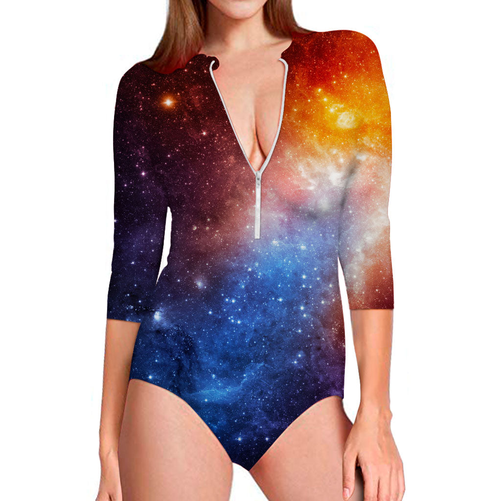 Fiery Universe Nebula Galaxy Space Print Long Sleeve Swimsuit