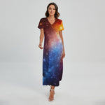 Fiery Universe Nebula Galaxy Space Print Short Sleeve Maxi Dress