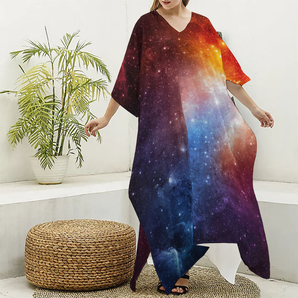 Fiery Universe Nebula Galaxy Space Print Silk V-Neck Kaftan Dress