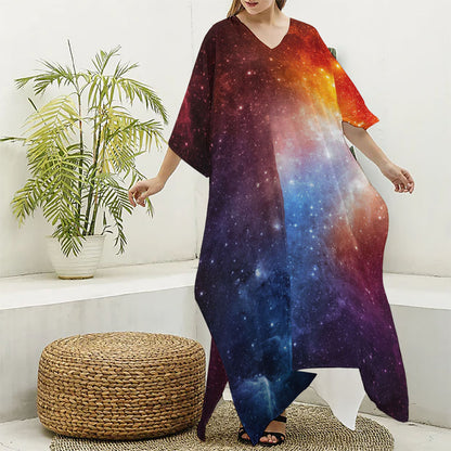 Fiery Universe Nebula Galaxy Space Print Silk V-Neck Kaftan Dress