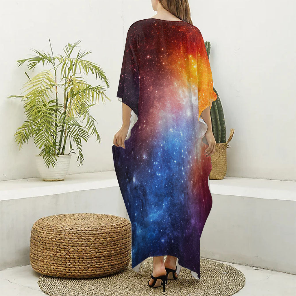 Fiery Universe Nebula Galaxy Space Print Silk V-Neck Kaftan Dress