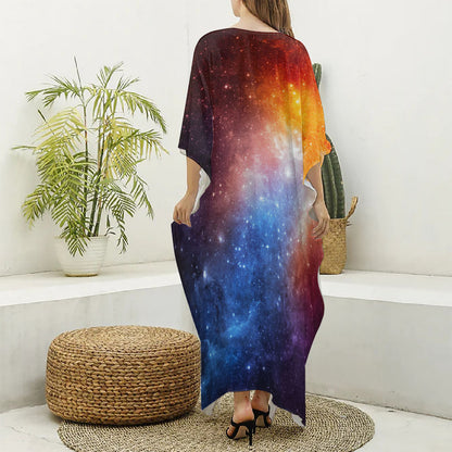 Fiery Universe Nebula Galaxy Space Print Silk V-Neck Kaftan Dress