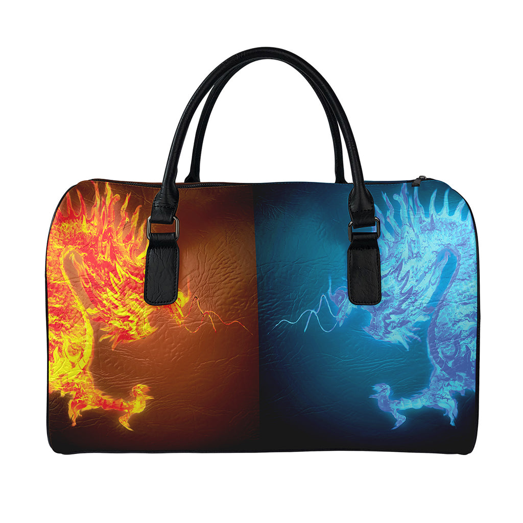 Fire And Ice Dragons Print Leather Duffle Bag