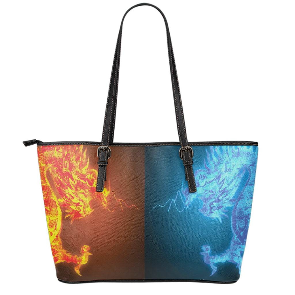 Fire And Ice Dragons Print Leather Tote Bag