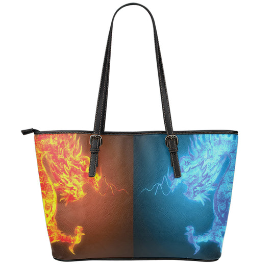 Fire And Ice Dragons Print Leather Tote Bag