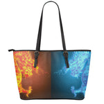 Fire And Ice Dragons Print Leather Tote Bag