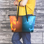 Fire And Ice Dragons Print Leather Tote Bag