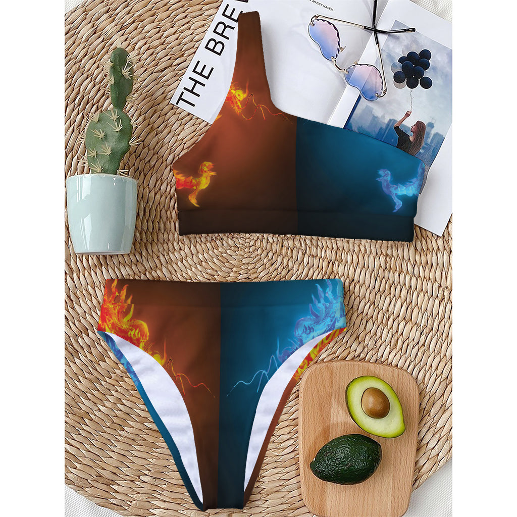 Fire And Ice Dragons Print One Shoulder Bikini Top