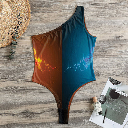 Fire And Ice Dragons Print One Shoulder Bodysuit