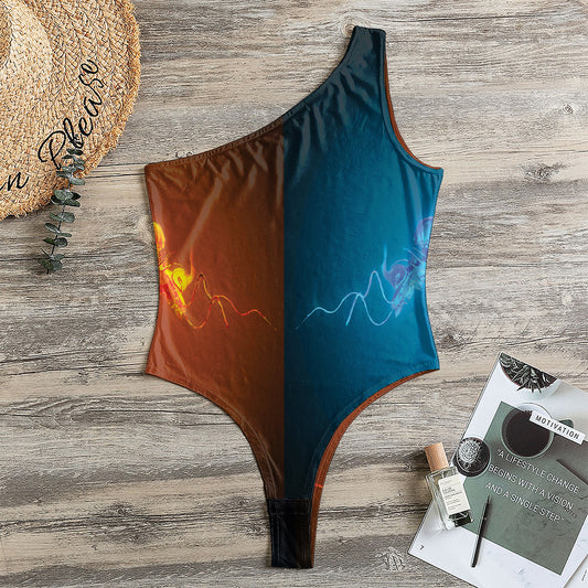 Fire And Ice Dragons Print One Shoulder Bodysuit