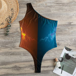 Fire And Ice Dragons Print One Shoulder Bodysuit
