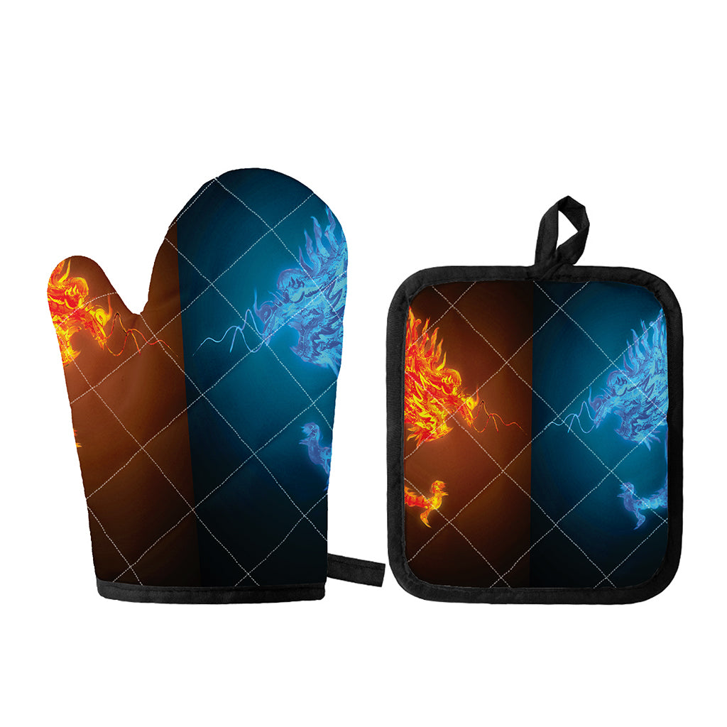 Fire And Ice Dragons Print Oven Mitt And Pot Holder Set