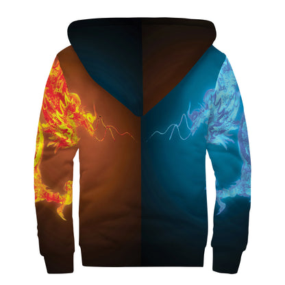 Fire And Ice Dragons Print Sherpa Lined Zip Up Hoodie