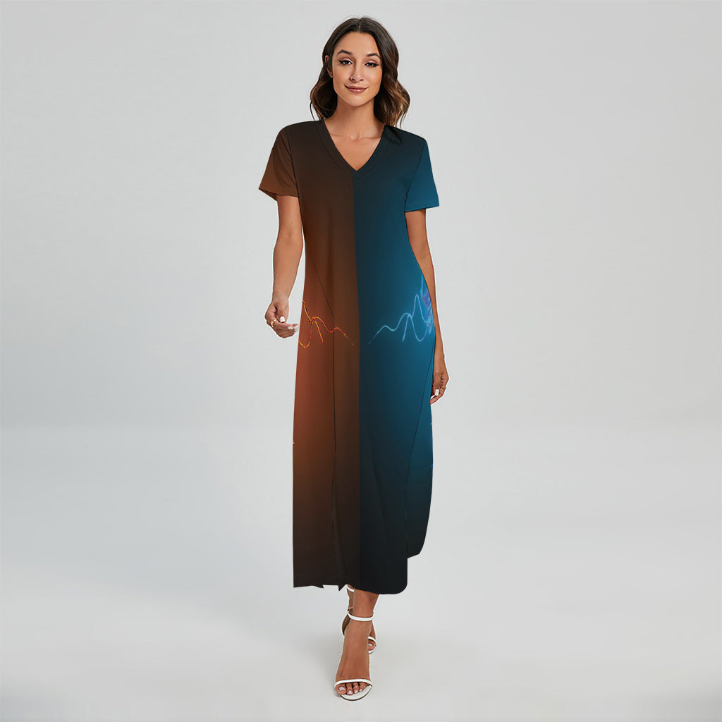 Fire And Ice Dragons Print Short Sleeve Maxi Dress